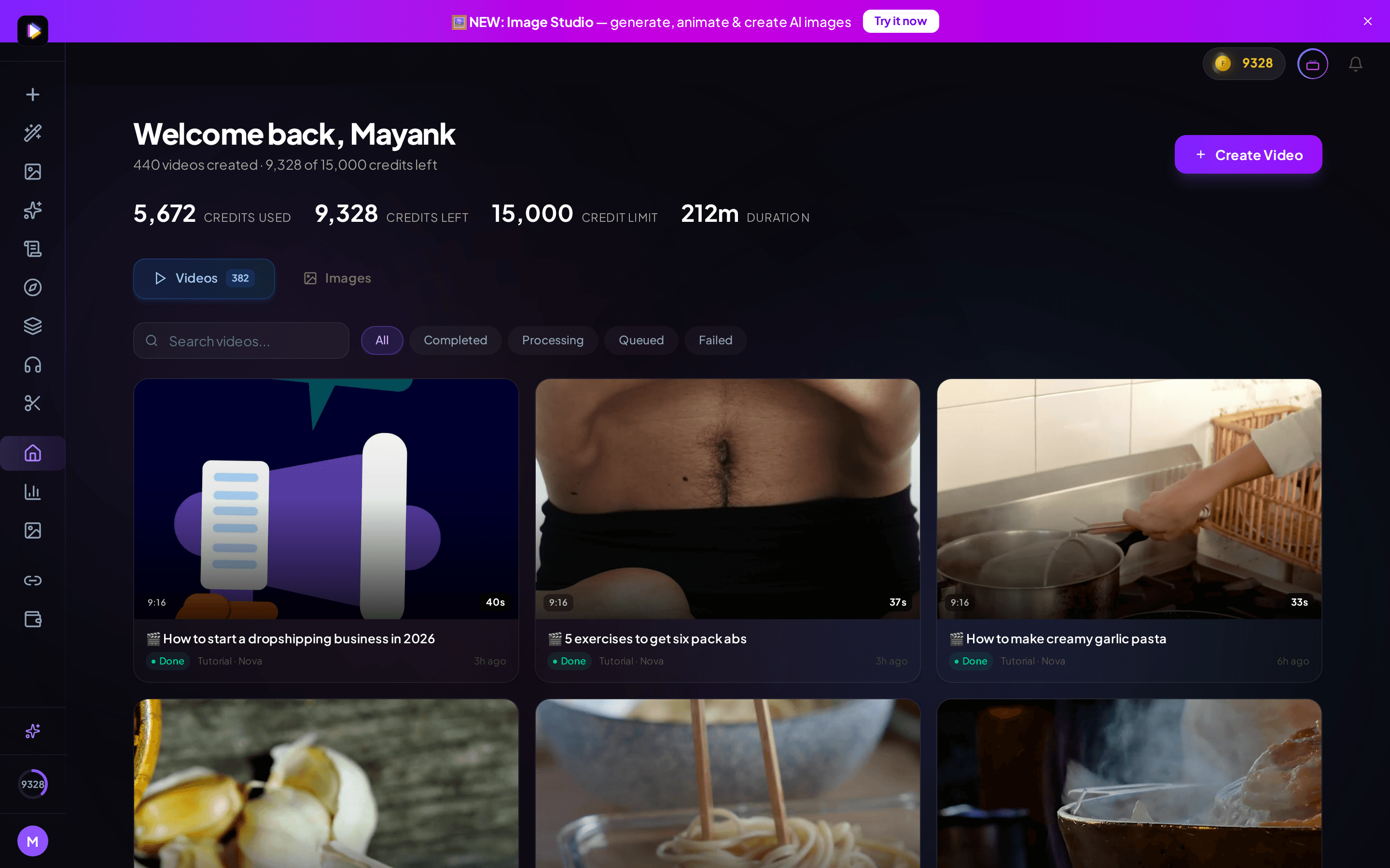 FluxNote product dashboard used to manage AI video projects and publishing workflows
