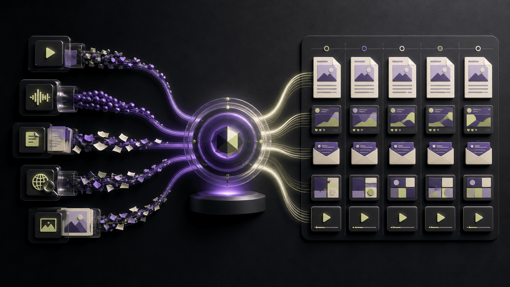 FluxGravity AI content workflow connecting research and multiple creative deliverables