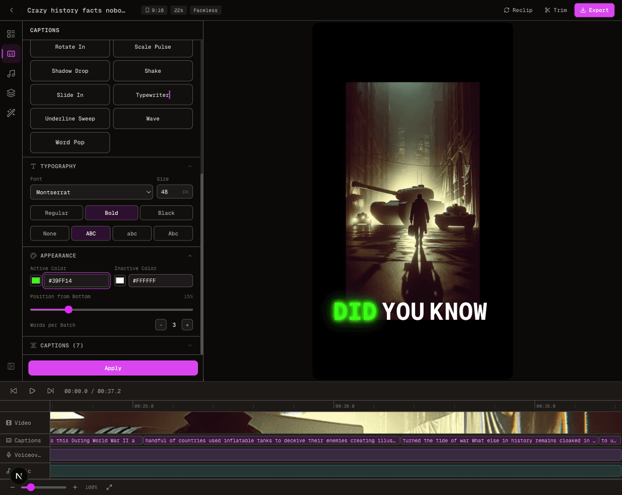 FluxNote editor customization screen for generated video voice, visuals and timeline settings
