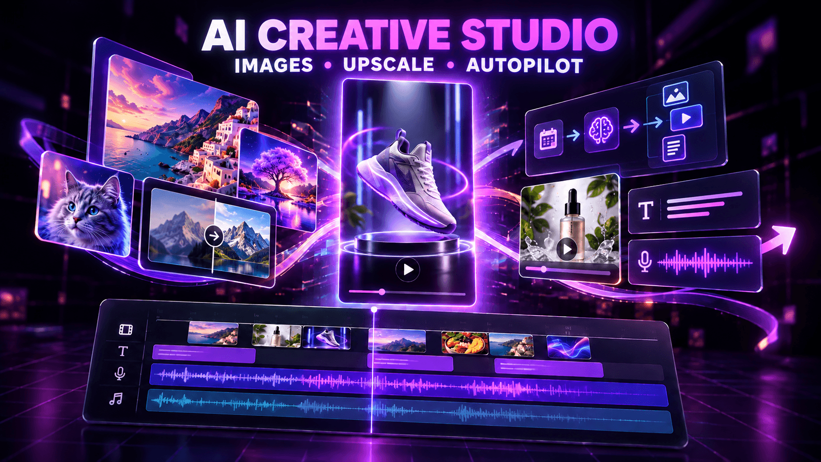FluxNote AI Creative Studio for images, upscaling, autopilot, video, captions, and audio