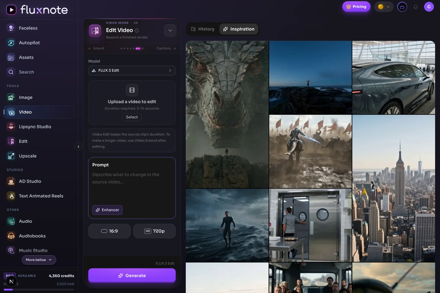 Current FluxNote Video Edit studio with model, source video, prompt controls and inspiration gallery