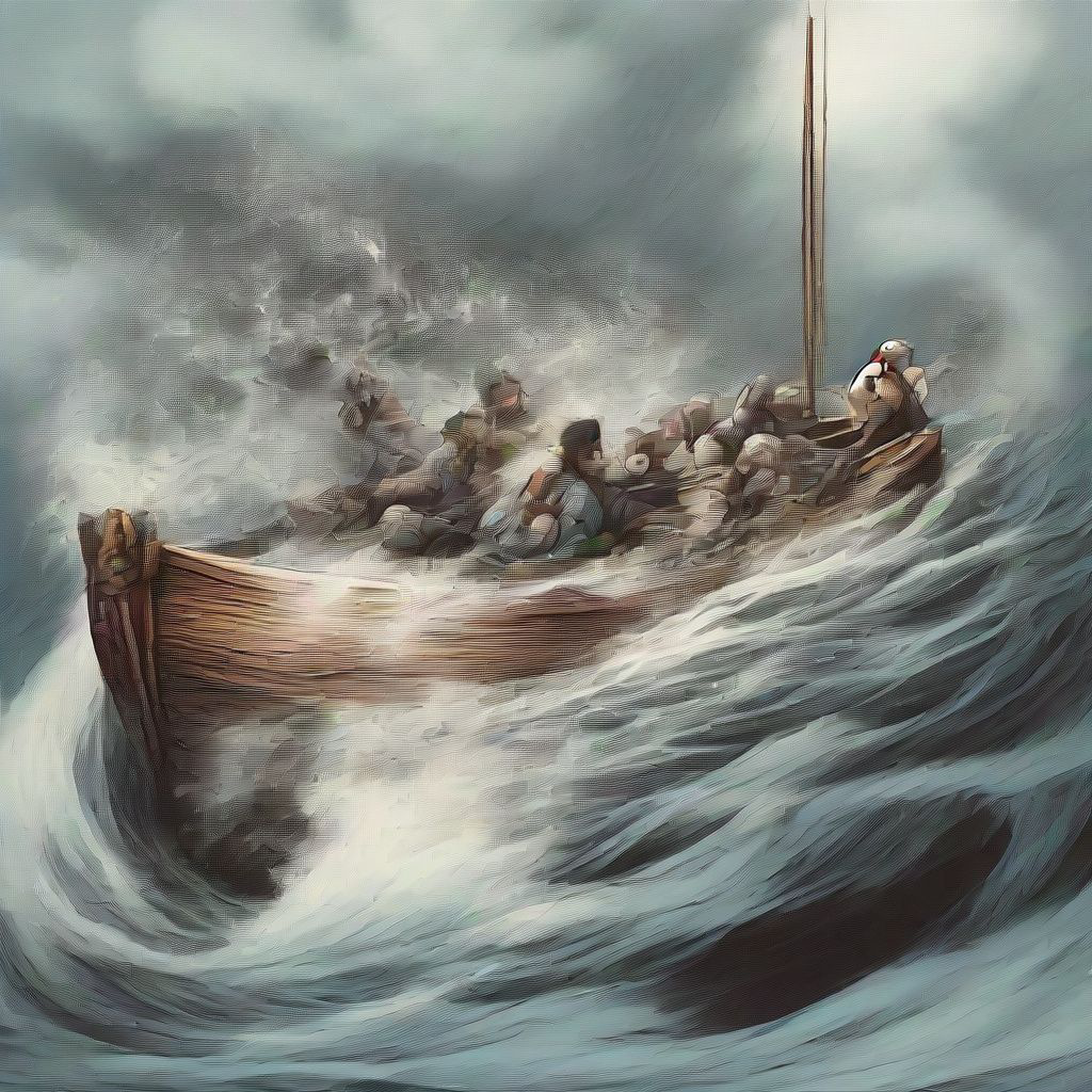 The man in the middle closed his eyes and sleep as the storm becomes intense. Intensify storm animation: faster and stronger boat rocking, more aggressive wave motion and splashes with lightning flash effect in the sky. Add quick, subtle panic movementshead turns, slight body shifts, but the man in