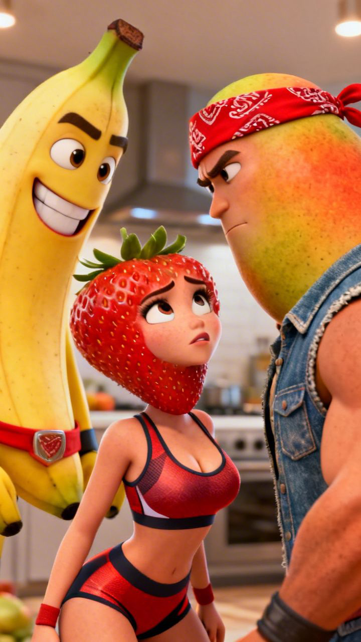 Crea un video animado estilo 3D cinematográfico, con personajes antropomórficos tipo caricatura viral de TikTok (alta calidad, iluminación moderna, estilo similar a animación tipo Pixar pero original).
Personajes:
Fresa (mujer): atractiva, expresiva, vestida con ropa deportiva ajustada, personalid