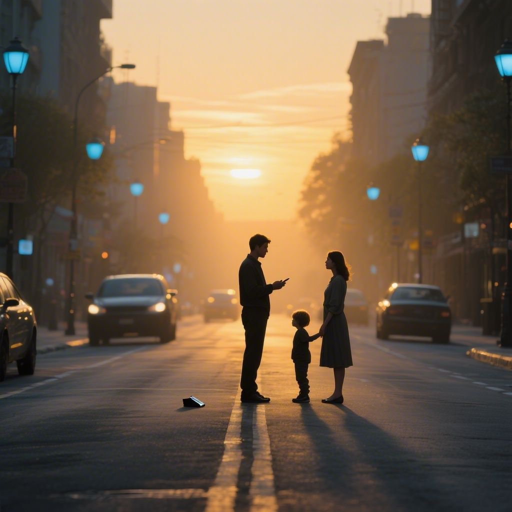 Scene:

A man standing in the middle of a street at dusk
Phone on the ground near his feet
Slight motion blur around everything except him and a woman across the street
The woman is holding a childs hand

Key detail:

They are looking directly at each other
The world around them is frozen (cars slig