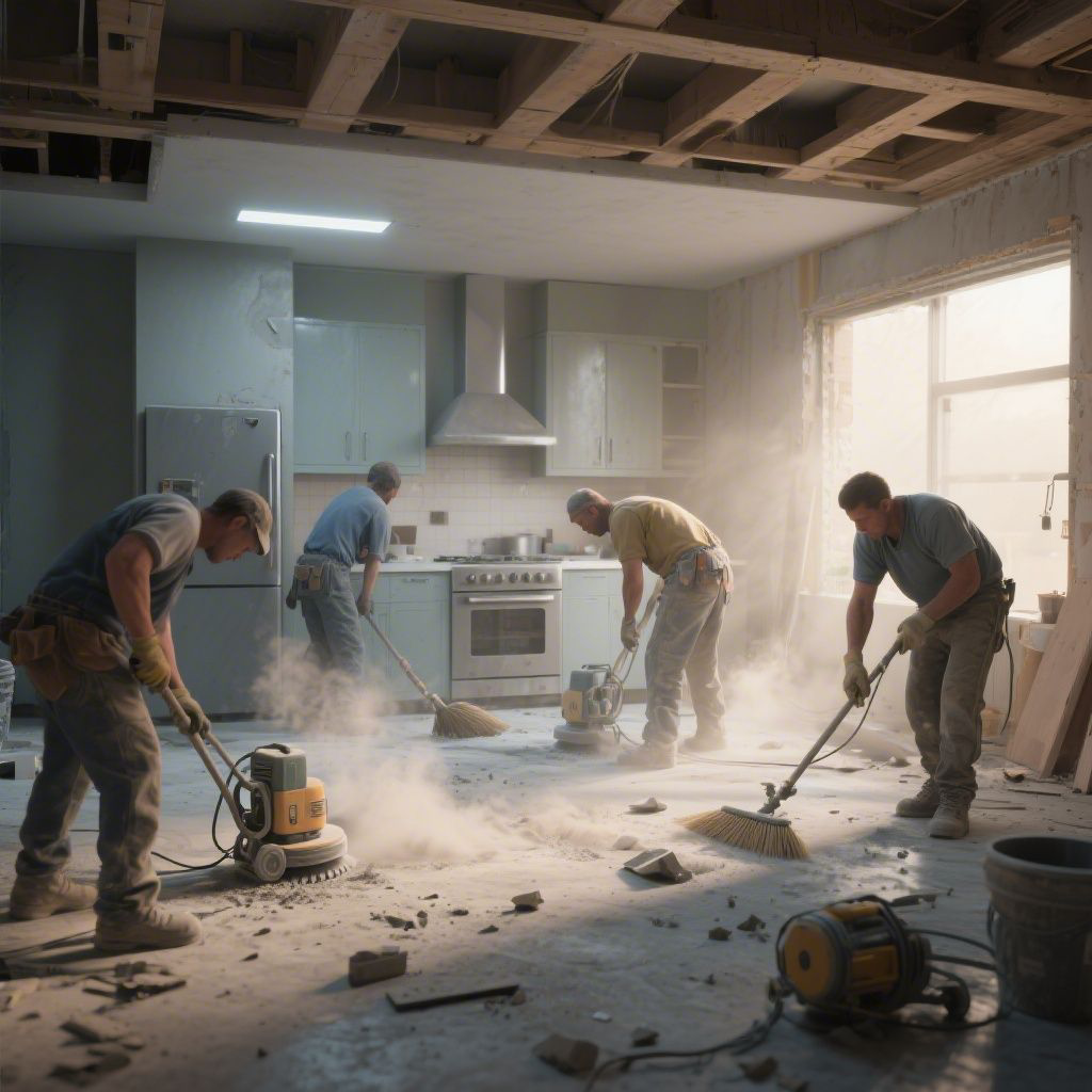 A static wide-angle shot of a kitchen under construction. Over time, real workers enter the scene and begin preparing the concrete floor. They use grinding machines, sweep debris, and move tools around. Dust shifts across the floor as they work. Lighting subtly changes as time passes. Workers move n