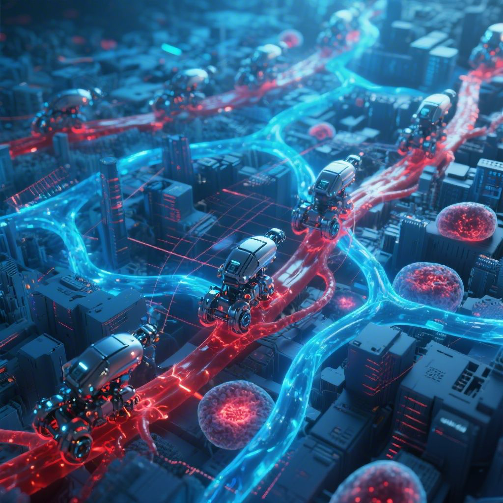 Human cells visualized as a glowing futuristic city map, 3D scan lines passing over tissue, disease hotspots highlighted in red, cinematic macro medical imaging

Microscopic nanomedicine robots navigating through blood vessels toward targeted cells, blue and red lighting, high-detail 3D render