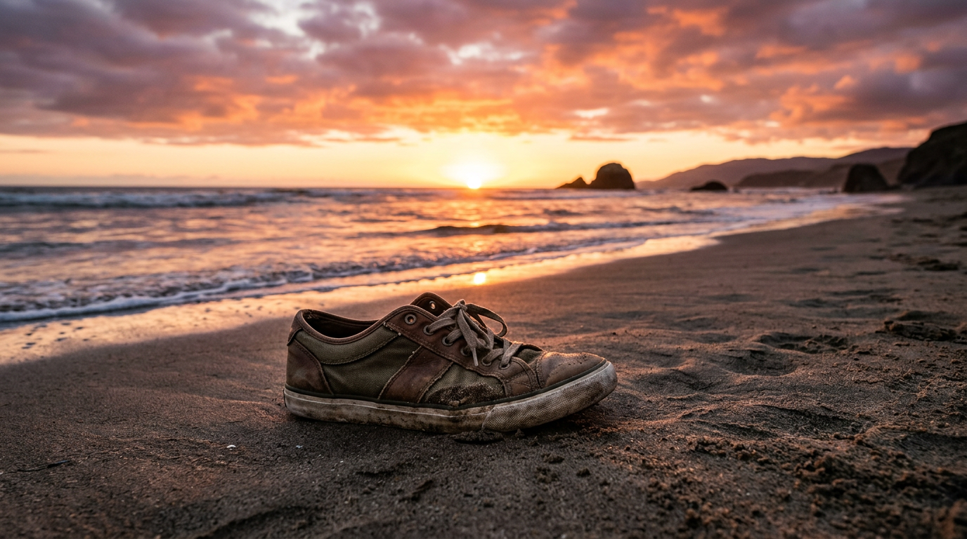 shoe on beach at sunset, cinematic lighting