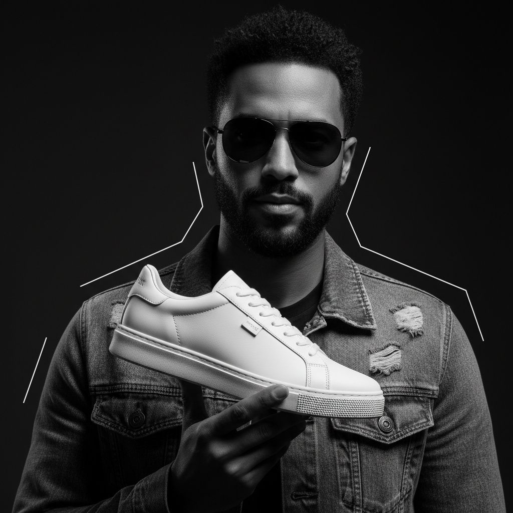 man holding a white sneaker, influencer product ad