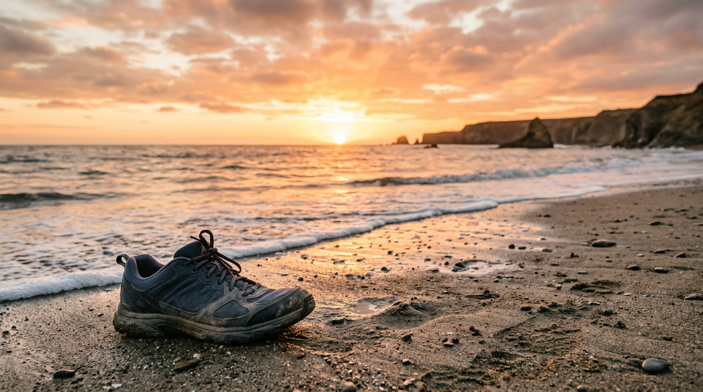 shoe on beach at sunset