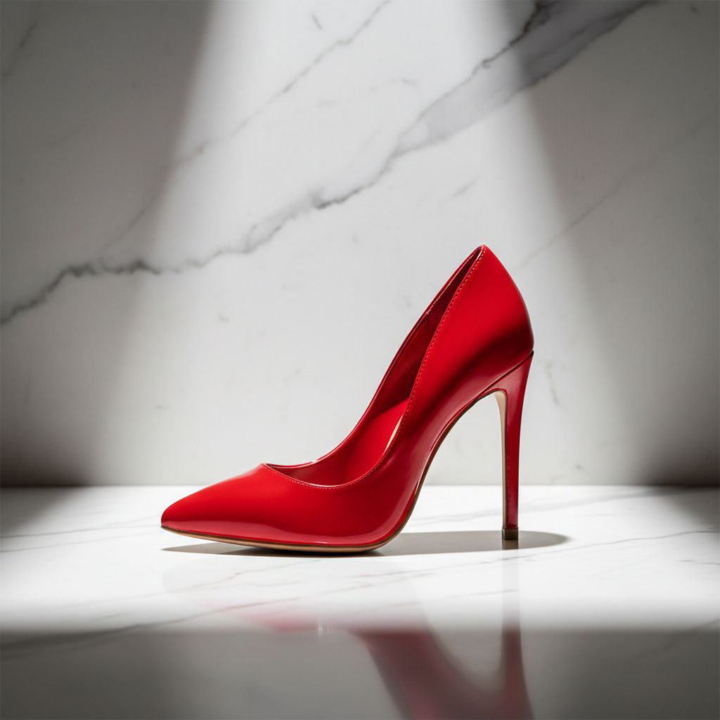 a red shoe on marble surface