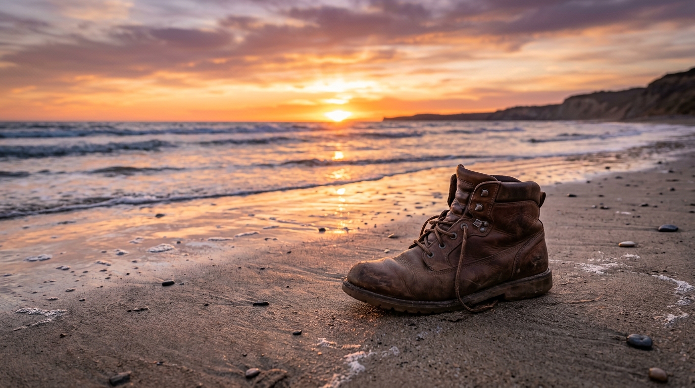 shoe on beach at sunset