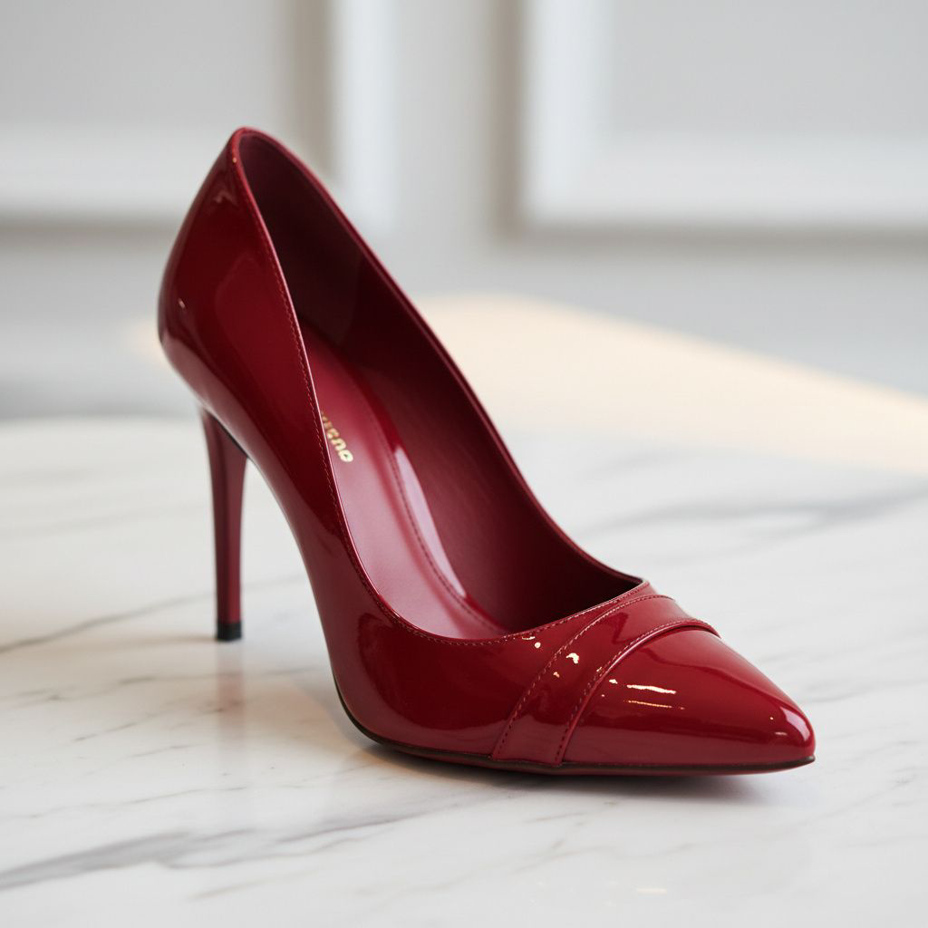 a red shoe on marble surface