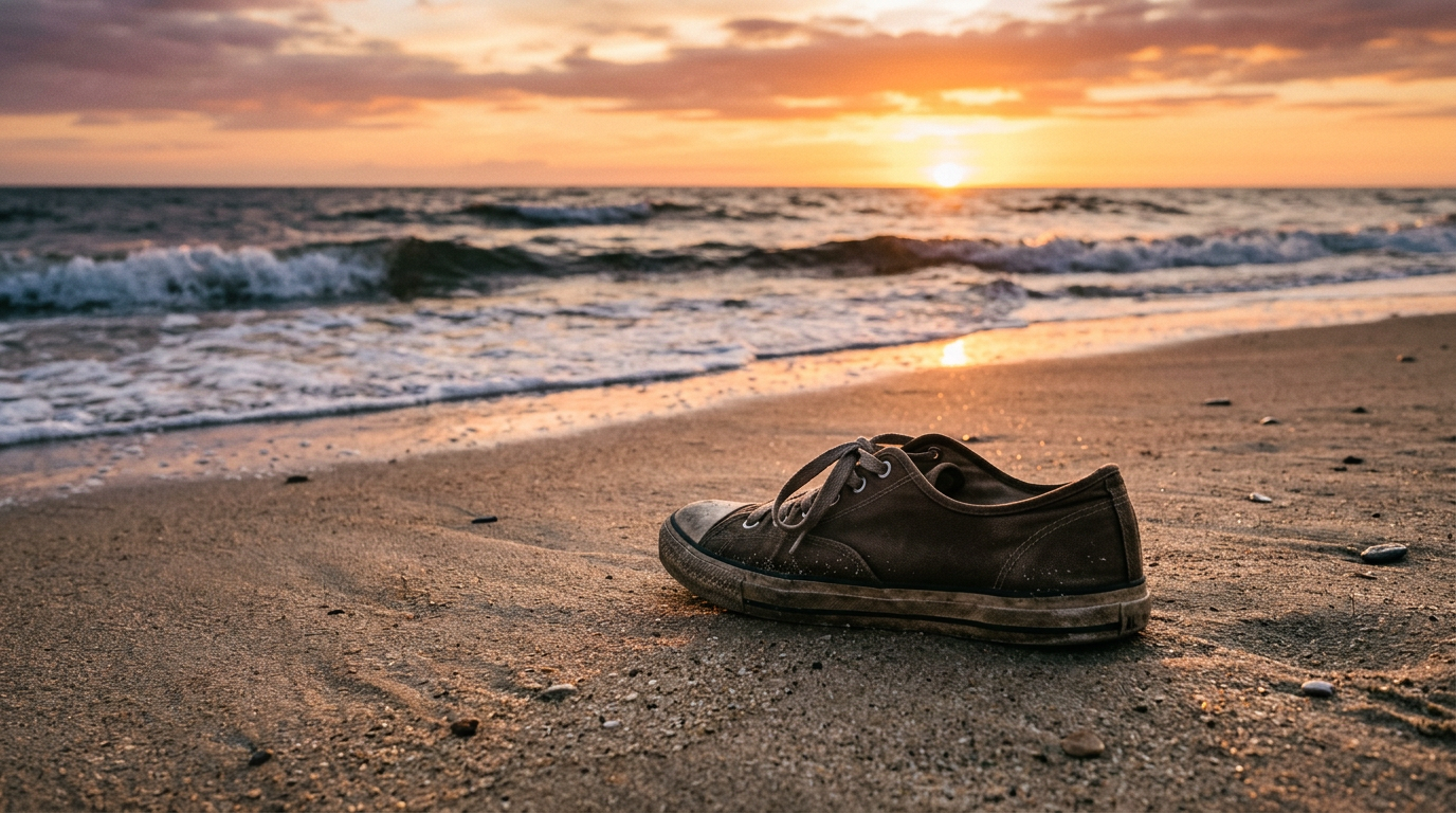 shoe on beach at sunset