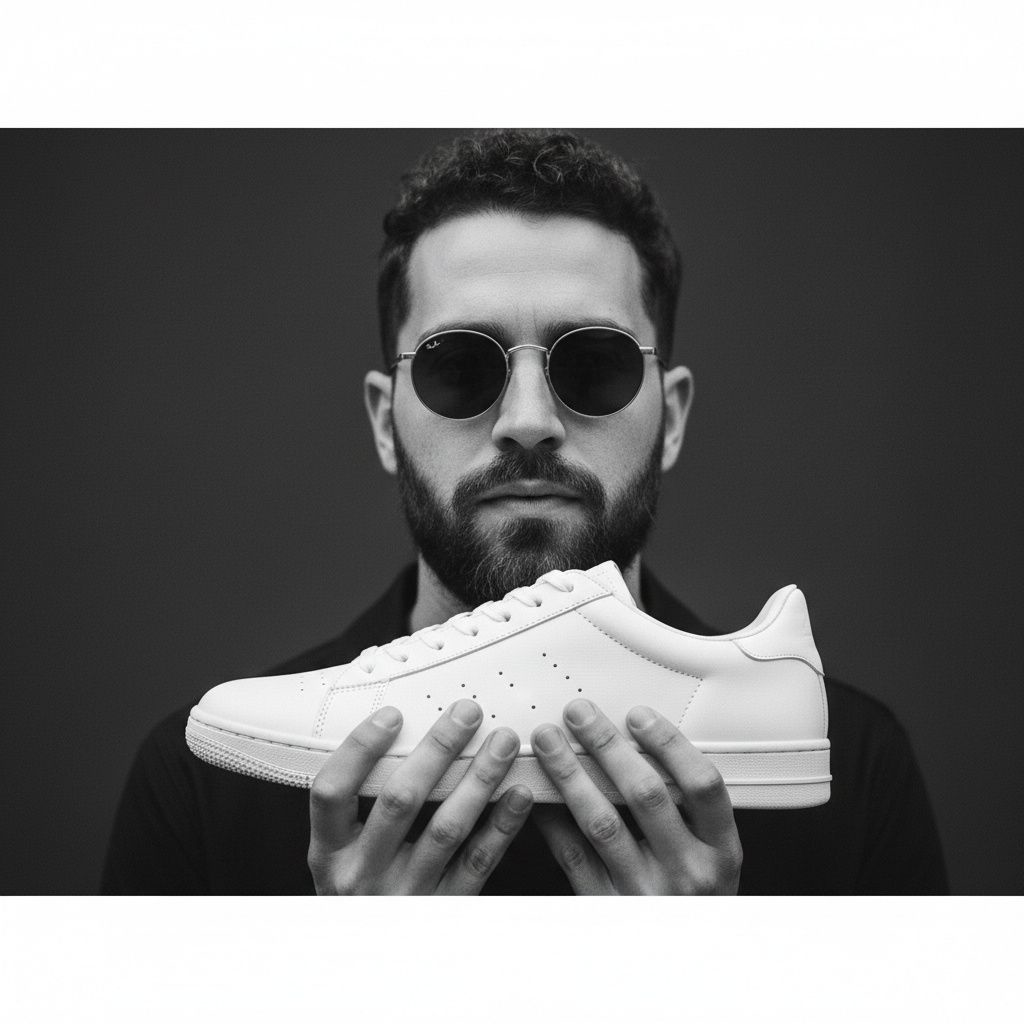 man holding a white sneaker