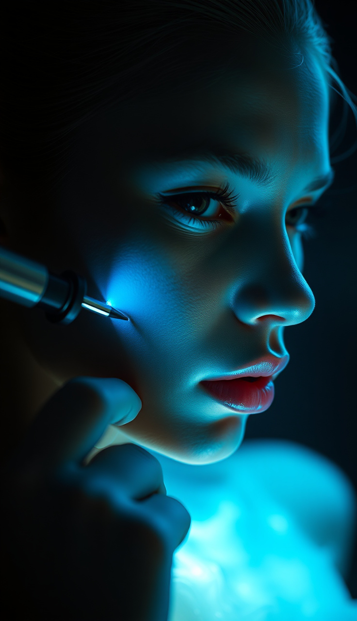 Slight cinematic push-in, sculpting tool exits as a curing light moves into position, emitting a soft blue glow that intensifies, the composite surface subtly shifts from soft to hardened with a polished sheen forming