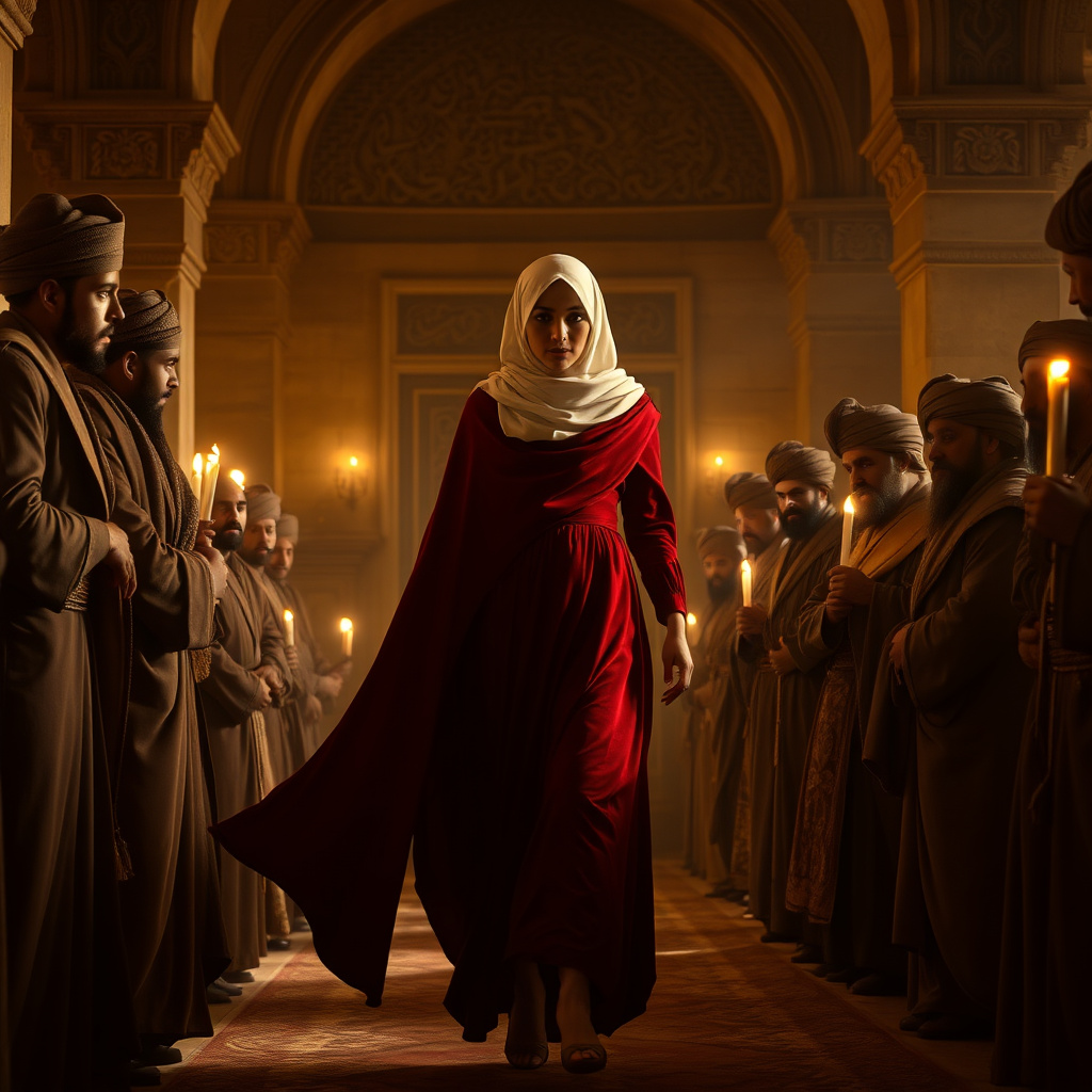 Ancient Arabian era, cinematic style, warm lighting, highly detailed. Men wear traditional galabiyas, cloaks, and turbans. The woman is very beautiful, wearing a long modest red dress and a white hijab, elegant and covered, emotional cinematic atmosphere. المشهد 1
A beautiful young woman enters a ga