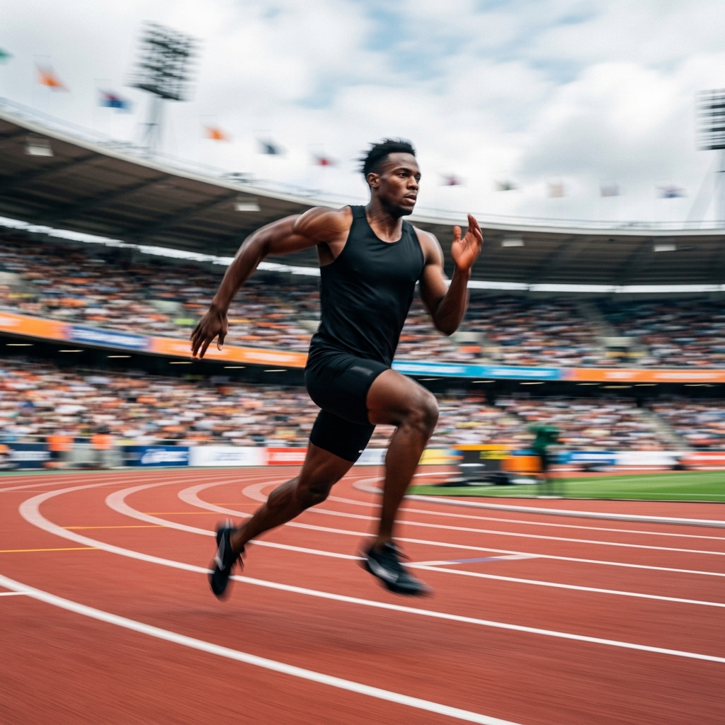athletic runner mid-stride, stadium track, dynamic motion blur
