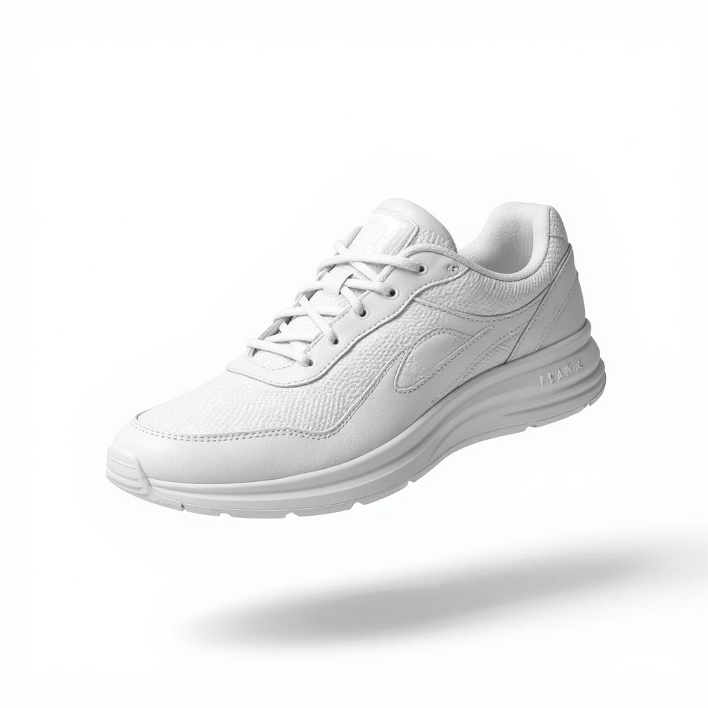 premium white sneaker floating mid-air, studio lighting, clean background