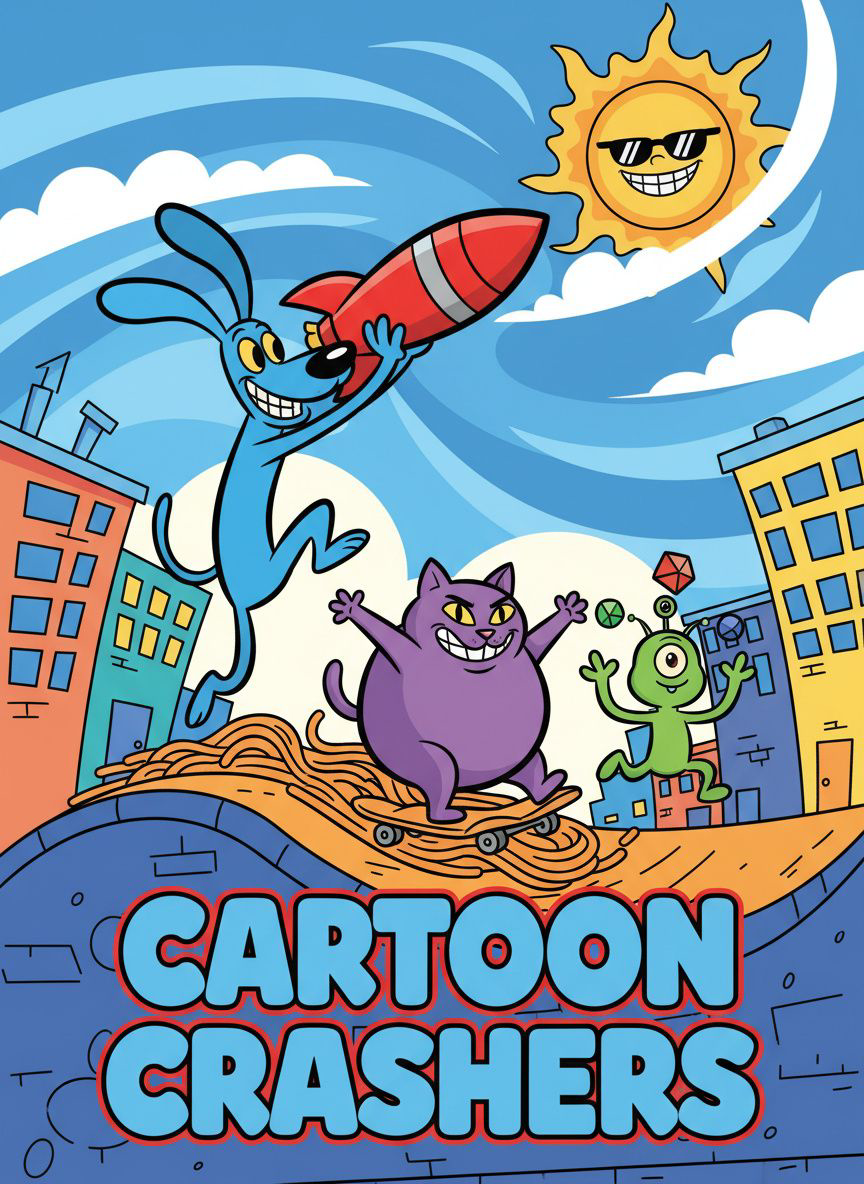 Cartoon network style illustration of a brave young hero with windswept hair and a glowing sword, standing on a cliff edge, sunset cloudscape, bold outlines, vibrant flat colors