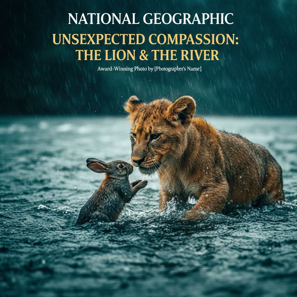 A cute baby lion saving a small rabbit from a river, cinematic, realistic, emotional, 4k