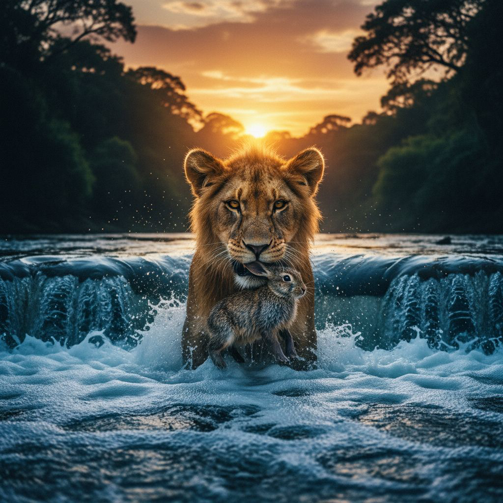 A cute baby lion saving a small rabbit from a river, cinematic, realistic, emotional, 4k
