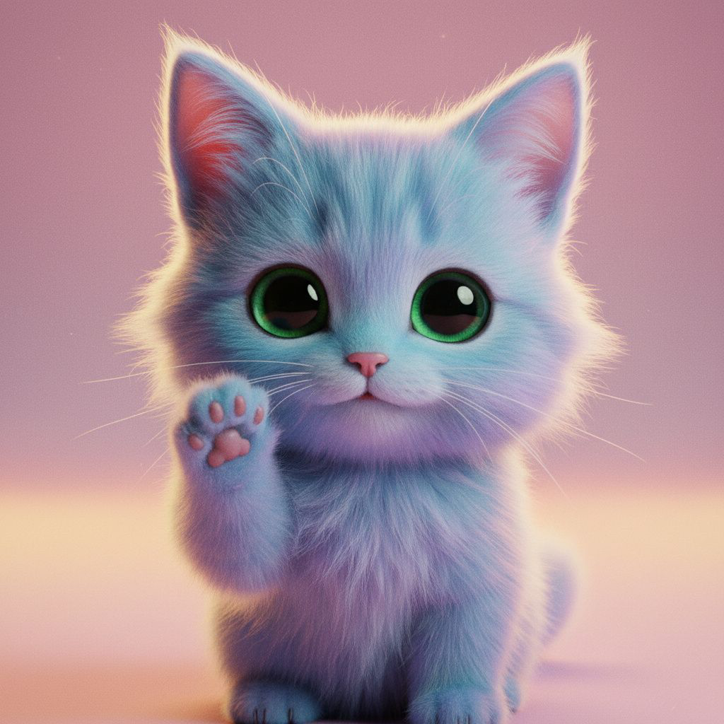 Cute cartoon kitten appears and looks at the camera. The kitten waves happily.
Text on screen: Hello!
Voice says clearly: Hello!
The kitten does a cute wave or small happy movement.
End text: Follow for more