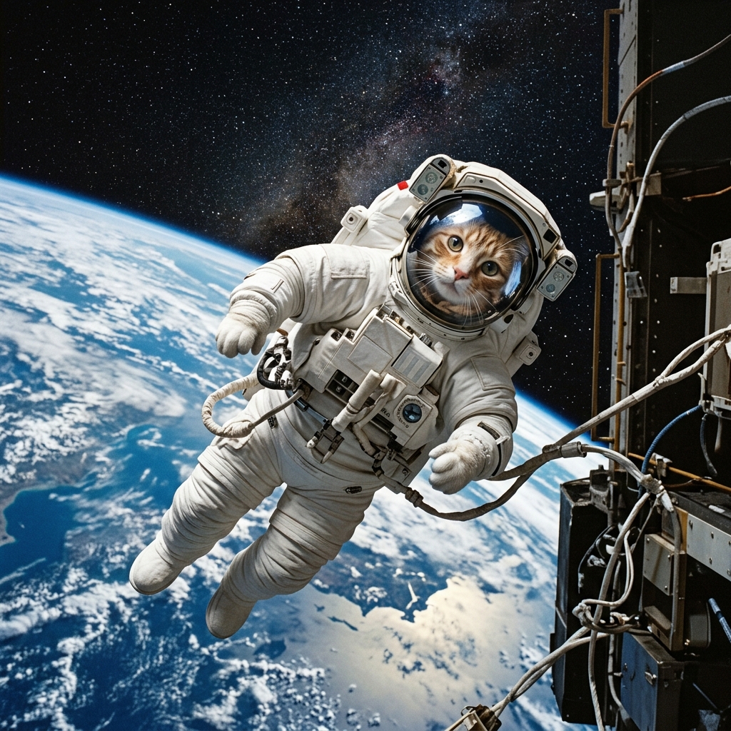 a cat astronaut floating in space