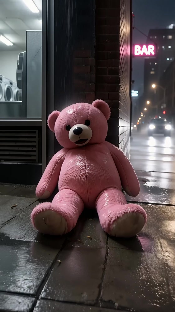 A pink bear the size of a person is lying on a corner in a city getting wet from the rain, hyperrealistic scene