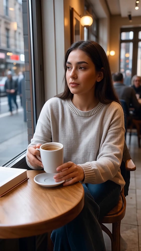 A young woman drinking her coffee while looking around slightly