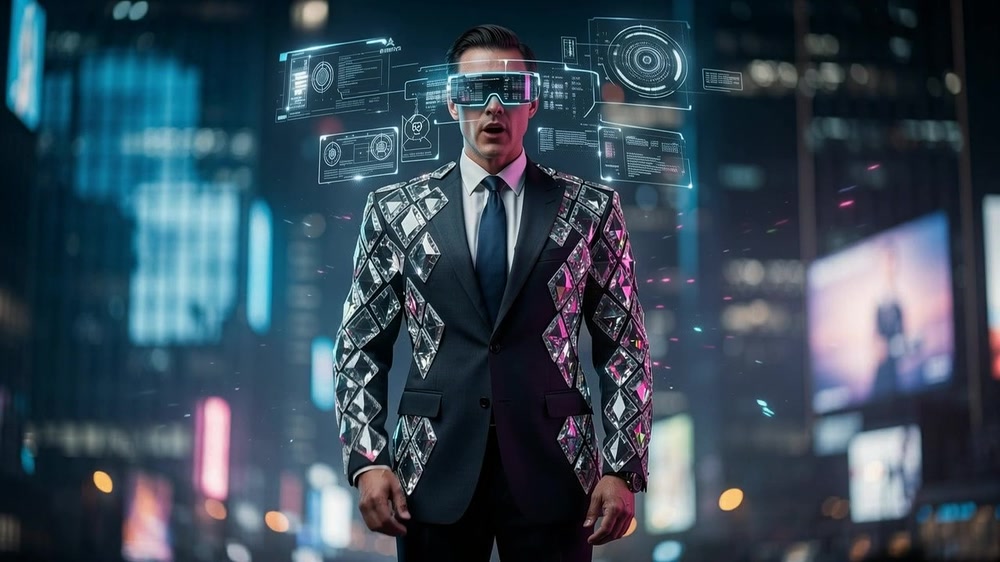 Power broker wearing diamond plated patched jacket and suit. Augmented reality visor.