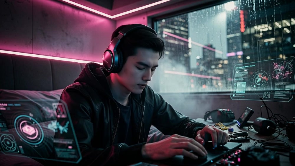 cyberpunk guy headphones listening to music in room, neon lights, atmospheric, futuristic