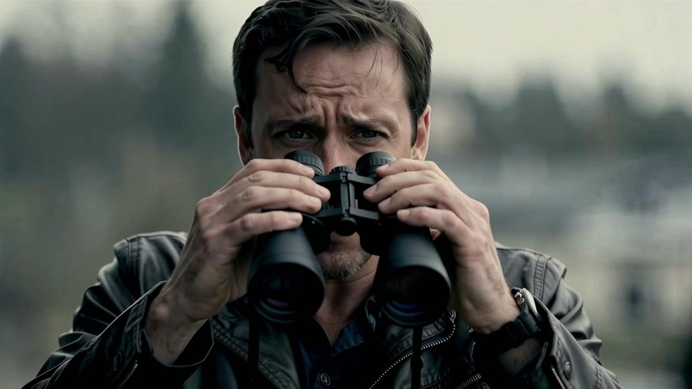 Man lowers binoculars with worried look as the camera pushes out slowly