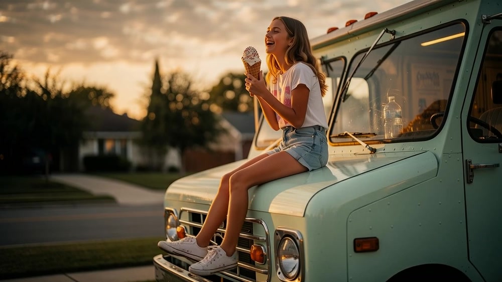 a cinematic scene of a girl eating a ice cream cone on top of a ice cream truck